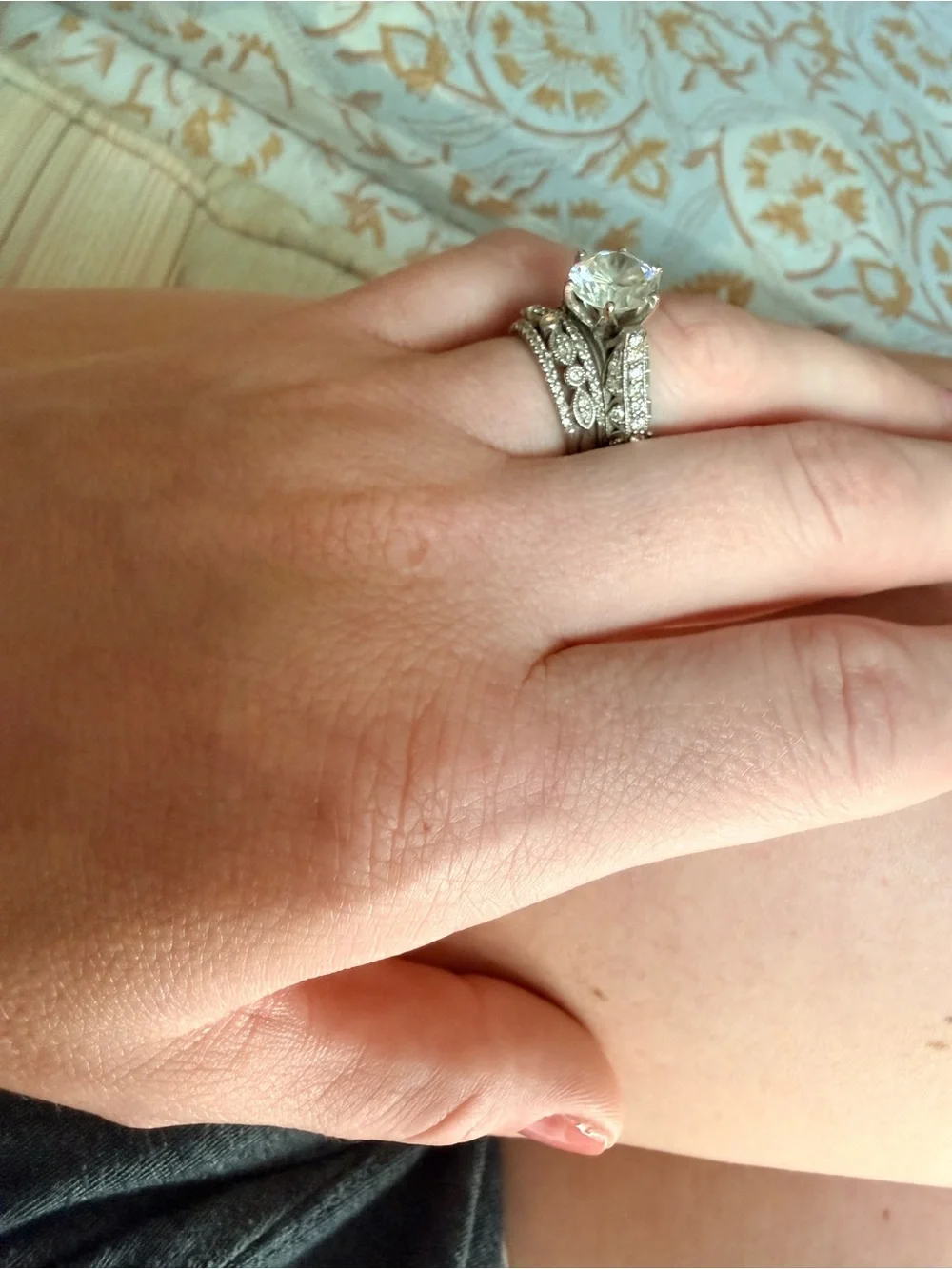 Vintage-Inspired Silver Bridal Ring Set with Clear Center Stone